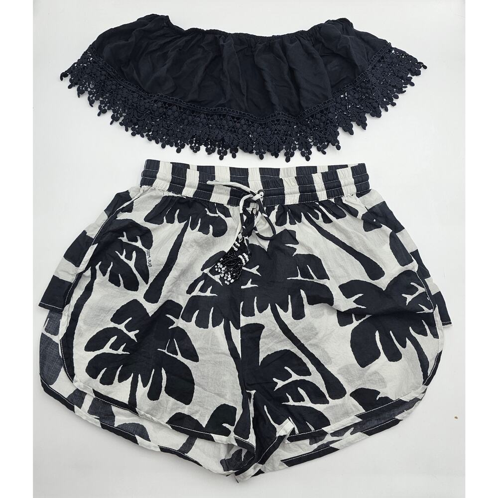 Farm Rio Women's M Black/White Coconut Shorts & Black Off-The-Shoulder Crop Top